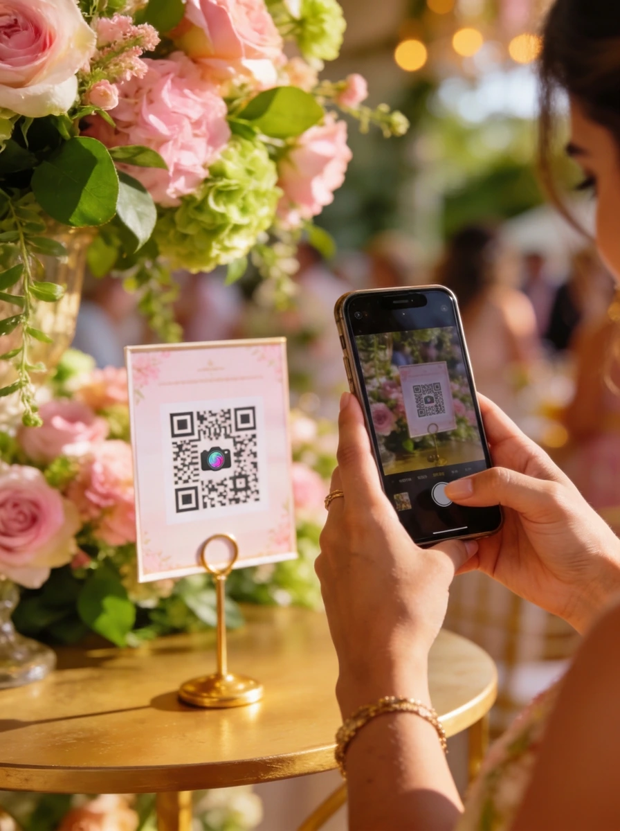 Convidado usando o celular para acessar o QR Code do evento