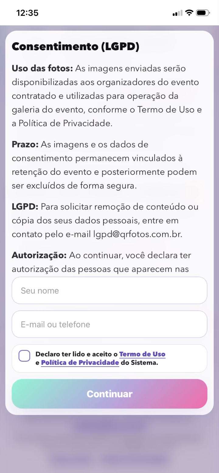 Tela do sistema QRFotos demonstrando a experiência no celular