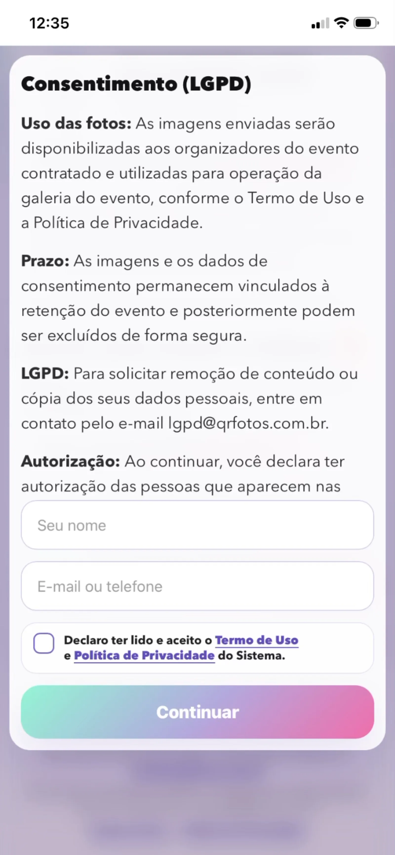 Demonstração da página pública de um evento no QRFotos